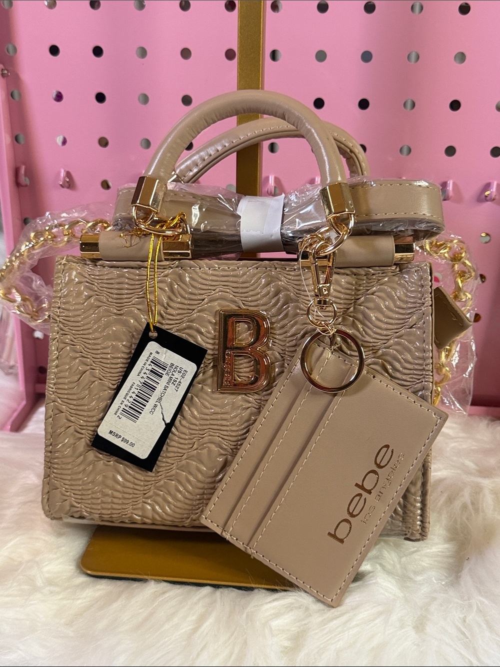 bebe Taupe Textured Mini Satchel with Cardholder and Gold Accents